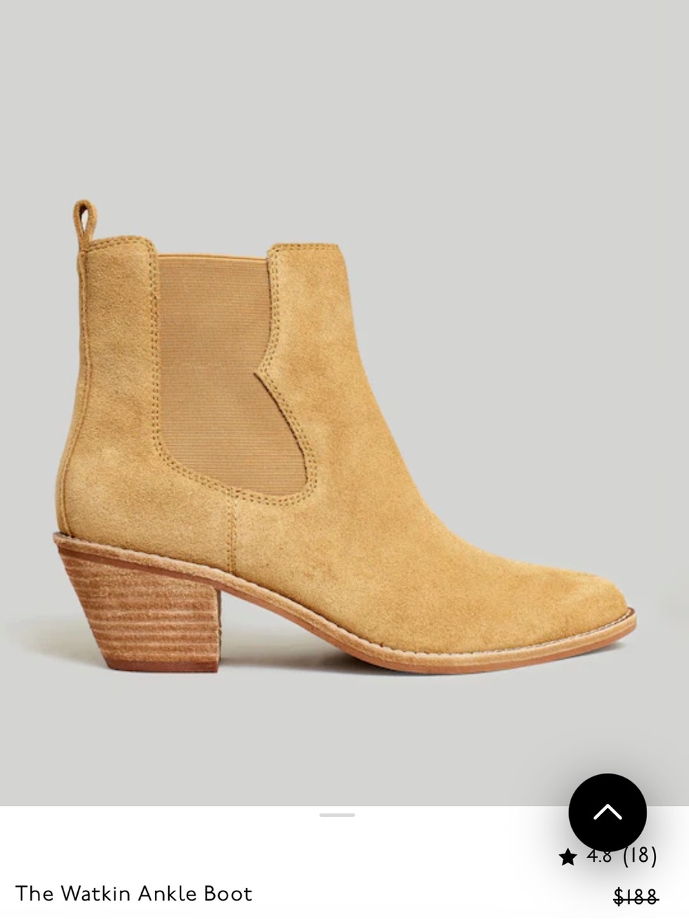 Madewell Watkin Ankle Boot, Toffee Suede Stacked Heel, Pull On, 8